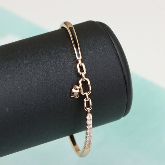 Elegant Rose Gold Bangle with Diamond Accents and Chain Link Charm, XPBL0459 - Picture 8 of 11